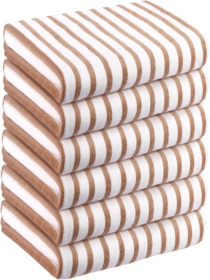 Beach Towels, Microfiber Bath Towel Set, Absorbent and Quick Dry for Adults, Travel, Summer, Sport, Swimming, Pool, Yoga, Camping, 6 Pack, 30" x 60", Cabana Stripe Coffee and White