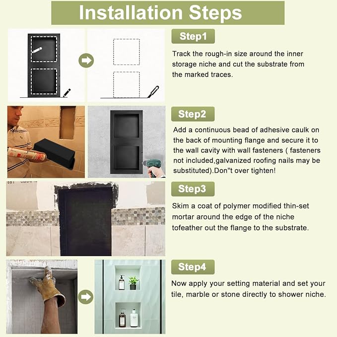 Suteck 32" x 16" Double Shelf Shower Niche Ready for Tile Waterproof Leak-Proof Bathroom Indoor Recessed Niche Storage Washing Toiletries Bottles