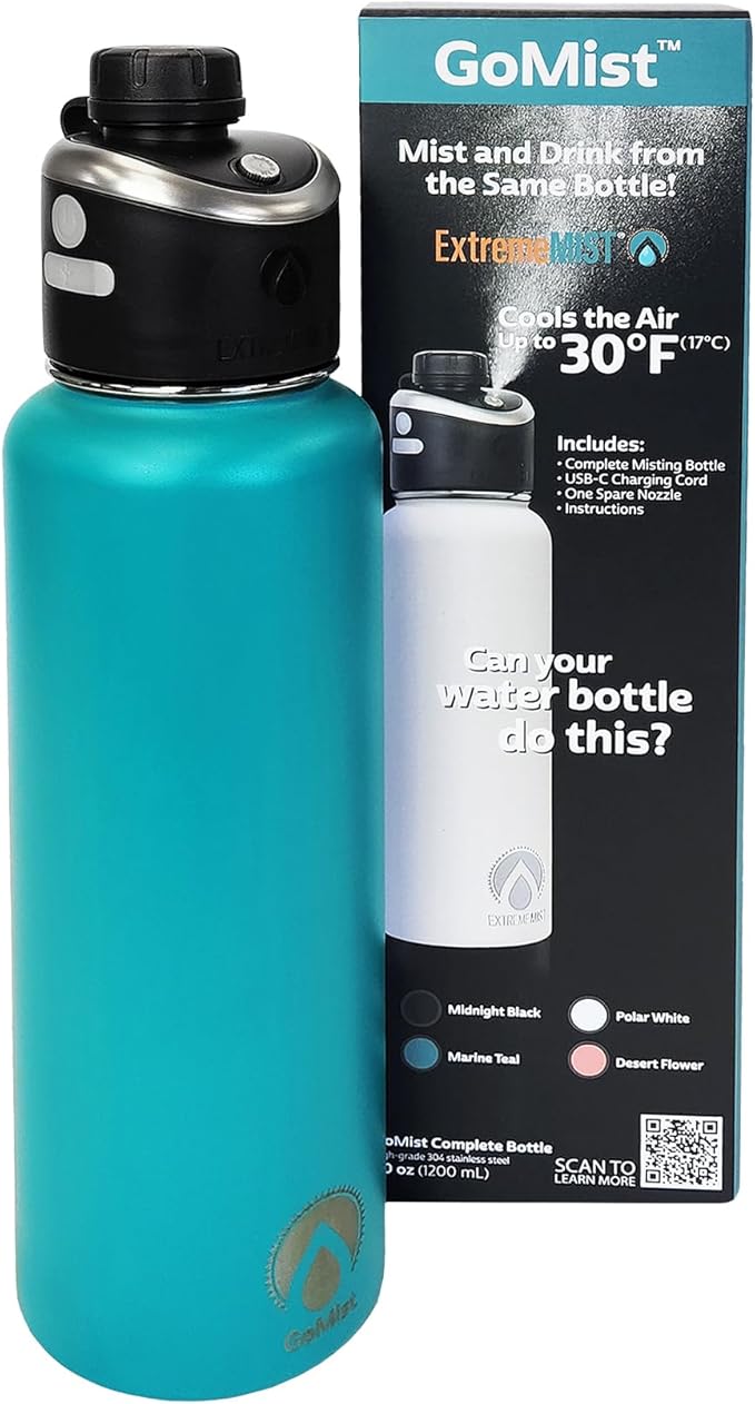 GoMist Misting & Drinking Bottle — Rechargeable Mist & Sip Water Bottle — Quick Charge USB-C Port — 2-Speed Mist Function — Stainless-Steel Double Wall Insulation, 40 oz (Marine Teal)