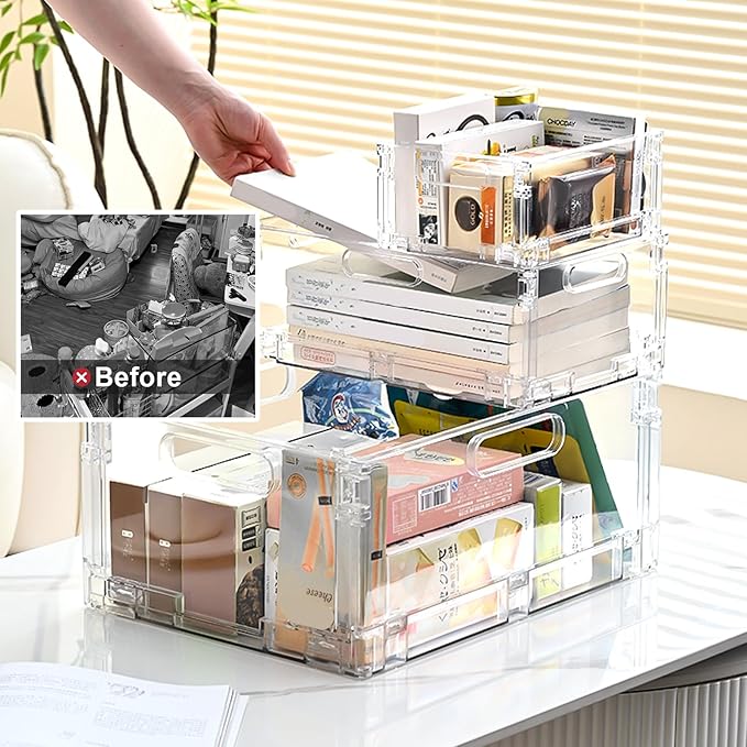 4-Pack Foldable Plastic Baskets, Stackable Storage Baskets with Handles for Organizing and Storage, Foldable Crate for Office, Home, Bedroom, Outdoor (12"x 8.07" x 4.92")