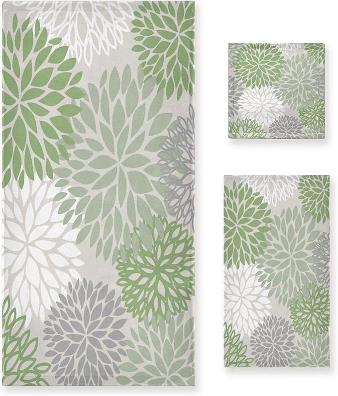 3 Piece Sage Green Dahlia Bath Towels Set,Microfiber Absorbent Grey White Green Floral Towels for Bathroom,1 Bath Towel,1 Hand Towel,1 Washcloth,Modern Abstract Decorative Bathroom Towels