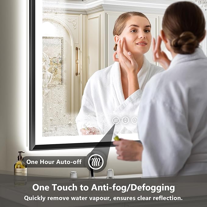 55x30 Black Framed LED Bathroom Mirror with Lights, Backlit and Front Light, Lighted Bathroom Vanity Mirror for Wall Dimmable Anti-Fog Memory Tempered Glass Horizontal/Vertical