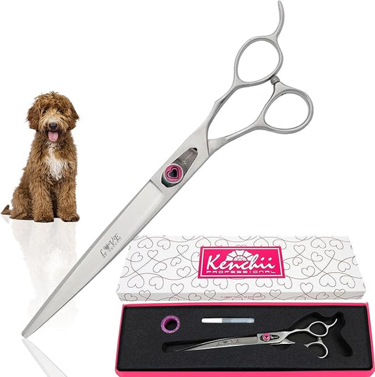 Kenchii Love Dog Grooming Scissors, 8 Inch Curved Shears, Dog Scissors for Grooming, Professional Pet Grooming Scissors, Ergonomic & Comfortable