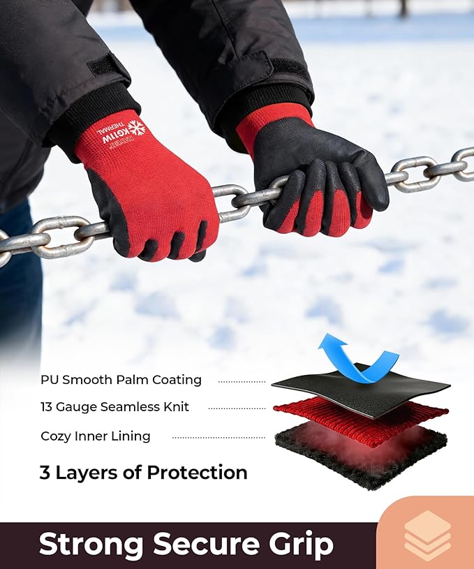 12 Pairs Winter Work Gloves for Men and Women, Thermal Insulated Safety Work Gloves PU Coated, Super Grip,Ideal for Freezer Work,Red,S