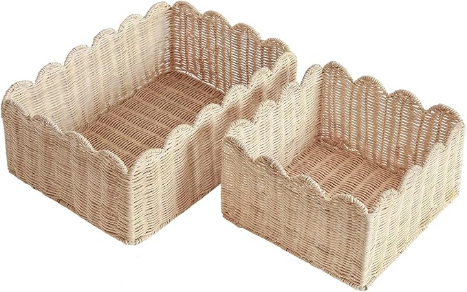 Scalloped Basket, Wicker Storage Baskets, Hand Woven Baskets for Shelves,Natural Baskets for Organizing (M-14" L x 10.5" W x 6" H-Rattan)