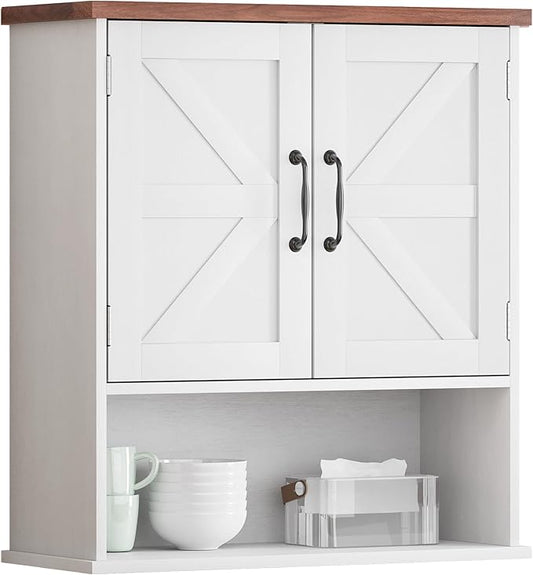 Farmhouse Bathroom Cabinet Wall Mounted, White Small Medicine Cabinet with Adjustable Shelf, Bathroom Cabinet for Living Room, Laundry Room