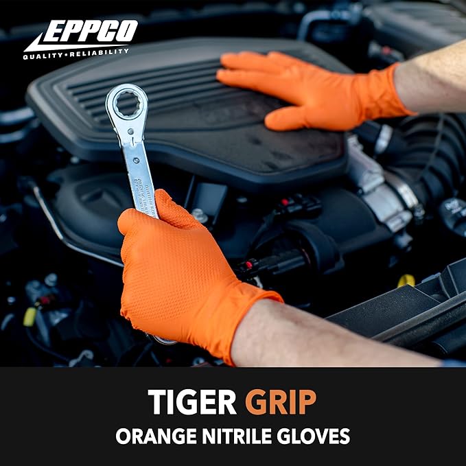EPPCO TigerGrip 8-Mil Nitrile Glove Disposable Powder, Latex Free Textured Superior Grip Orange Gloves, Small, Box of 100