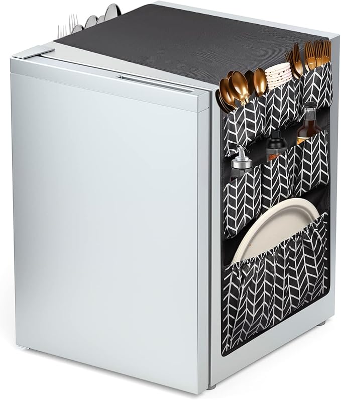 Mini Fridge Organizer 65" x 12.6", Mini Fridge Caddy with 15 Large Pockets, Over the Refrigerator Caddy Storage for Dorm, Pantry, Office, Plate, Silverware, Spice, Cutlery, Bottles, Napkins (Grey)