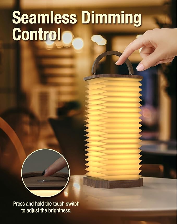 Bedside Table Lamp for Bedroom, Vertical Accordion Lamp with Handle, Warm Nightstand Light with Adjustable Height & Brightness, Study Reading Light for Living Room, College Dorm, Home, Office