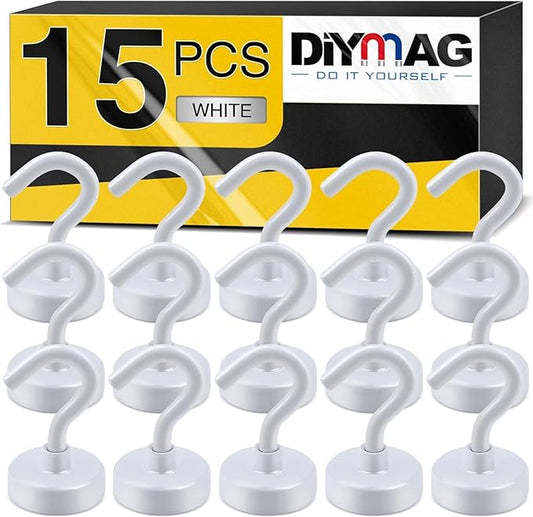 DIYMAG Magnetic Hooks, 30Lbs Strong Heavy Duty Cruise Magnet S-Hook for Classroom, Fridge, Hanging, Cabins, Grill, Kitchen, Garage, Workplace and Office Etc, (15 Pack-White)