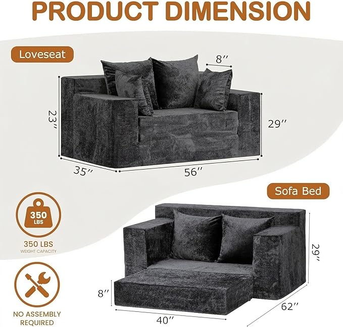 Convertible Sofa Bed, 5 in 1 Small Boneless Couch Pull Out Loveseat Sleeper Sofa,Corduroy Futon Couch Folding Mattress with 4 Pillows for Living Room Bedroom Lounge (No Assembly)