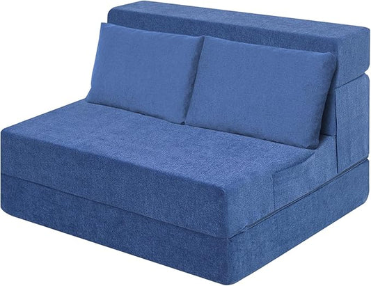 Folding Sofa Bed Chair with Pillow,Convertible Fold Out Chair Bed Sleeper,Foam Floor Mattress, Foldable Futon Couch Bed for Living Room/Dorm/Guest/Office (Blue, Twin XL)