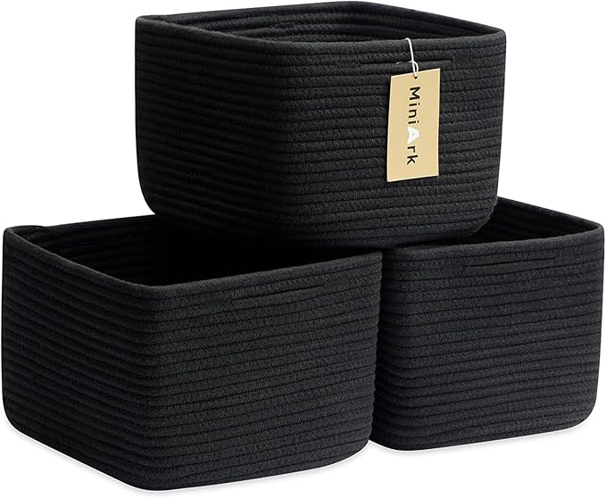 Small Organizing Baskets for Cubes Shelf, 9.7x9.7x7.1 Inch Rope Woven Storage Bins for Nursery Shelves Storage, Cute Toy Basket, Square 3 Packs Black