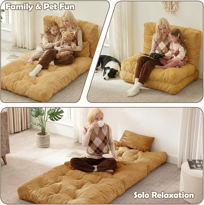Folding Sofa Bed, Convertible Sleeper Chair with Pillow Foldable Mattress with Back Support, Portable Fold Out Chair Bed Comfy Floor Sofa Lounge for Living Room Bedroom, Yellow Twin 80x39 Inch