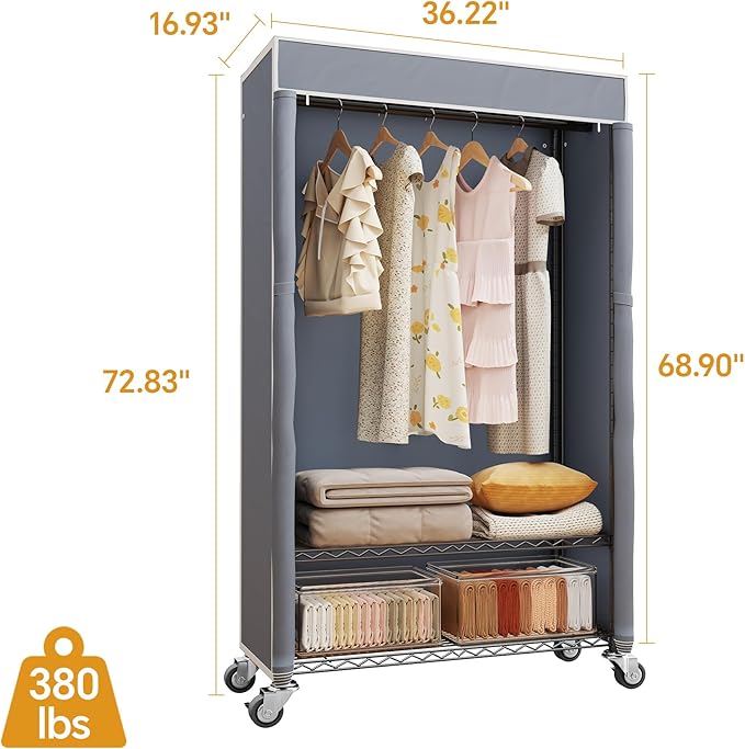 H4 Heavy Duty Clothes Rack with Cover, Rolling Garment Rack on Wheels, Portable Closet for Hanging Clothes, Black Clothing Rack with Grey Cover, Max Load 380LBS