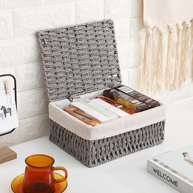 Wicker Shelf Basket with Lid Paper Storage Baskets for Shelves Small Storage Bin with Removable Liner Nesting Decorative Woven Basket for Makeup Closet Organizer (Small, Grey)