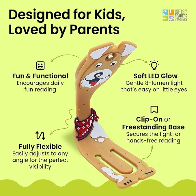 Gifts for Readers & Writers Book Light for Kids, Clip On Reading Light for Bed, 2in1 Flexilight Pals & Bookmark, Small & Lightweight with a Soft Glow, 2 Batteries Included, Dog