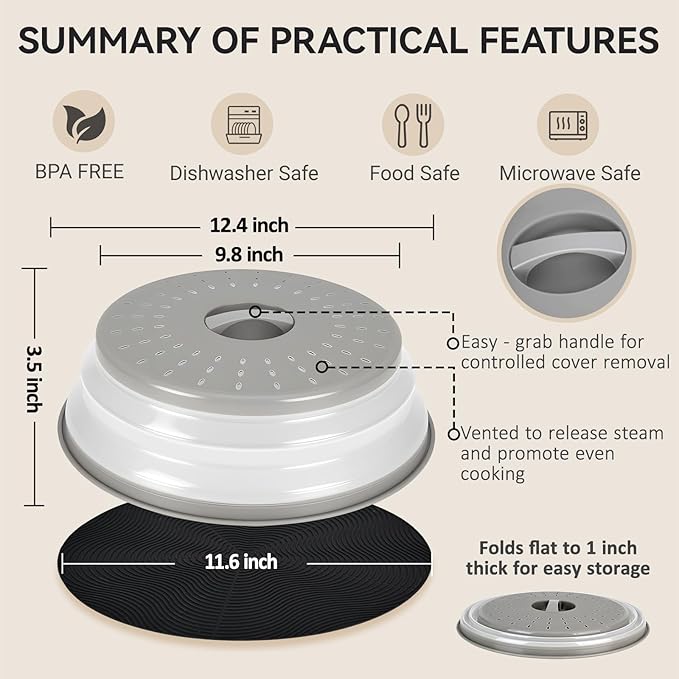 WENWELL 12" Microwave Splatter Cover & Mat, Large Vented Collapsible Splatter Guard Dish Plate Lid & Silicone Round Kitchen Mat for Food