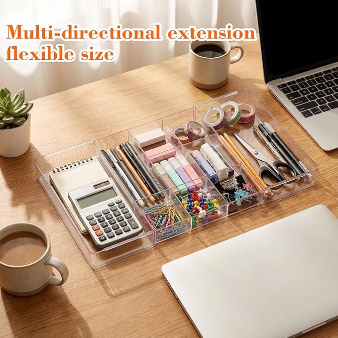 2 Pcs Large Expandable Acrylic Drawer Organizers, Grid Adjustable Drawer, Dividers Organizer for Desk, Makeup, Jewelry, Office, Kitchen Supplies (Transparent,11 Compartments)