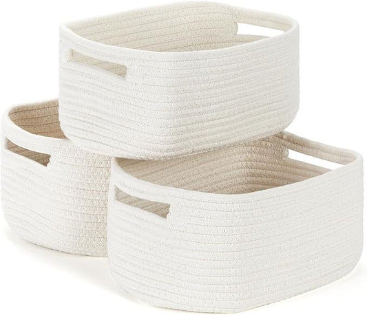Bidtakay Small Cotton Rope Storage Baskets for Organizing 3 Pack Woven Baskets for Storage Closet Organizer Bins for Shleves 11.8×7.8×5 inch Cute Boho Decorative Basket with Handles - Off White
