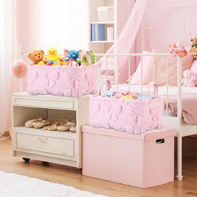 2 Pcs Pink Bow Storage Baskets 14x10 Inch Easter Gifts Baskets Laundry Foldable Fluffy Storage Bin with Handle Spring Coquette Decor Closet Organizer for Countertop Tabletop Shelf
