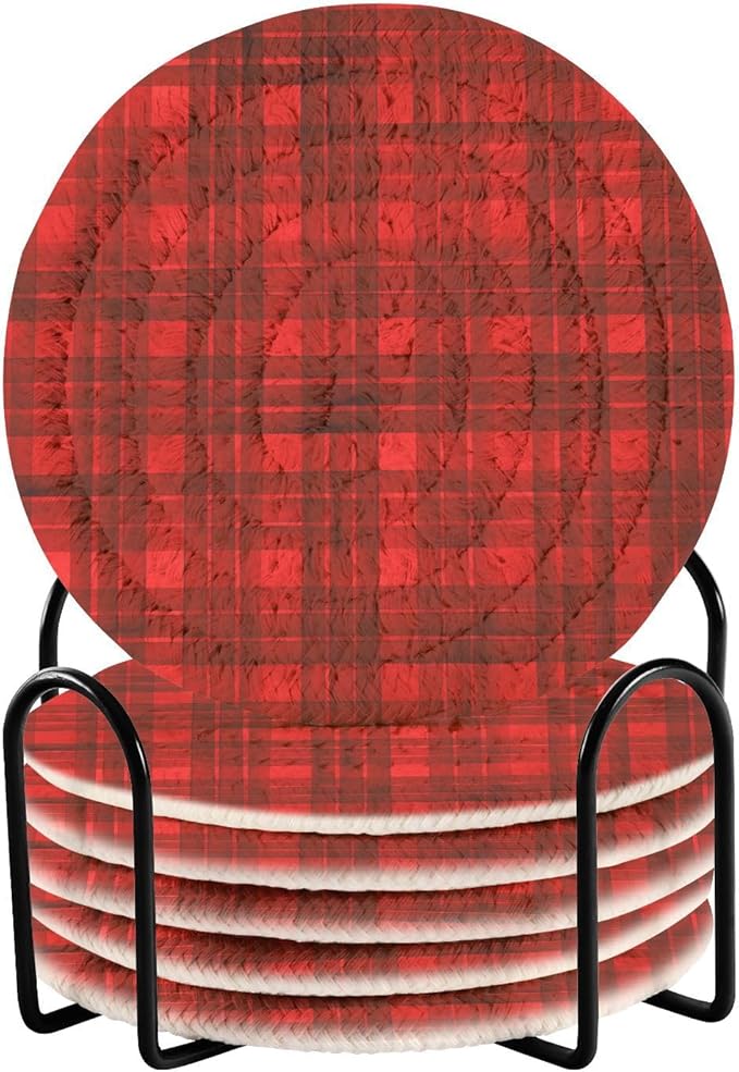 Handmade Cotton Absorbent Coaster Set of 6, Stripe Plaid Drink Coasters, Minimalist Home Decor for Coffee Table, Kitchen, Housewarming and Wedding Registry Ideas