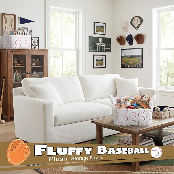 2 Pcs White Baseball Storage Baskets 14x10 Inch Easter Baskets Baseball Laundry Foldable Fluffy Storage Bin with Handle Sport Home Decor Closet Organizer for Countertop Tabletop Car