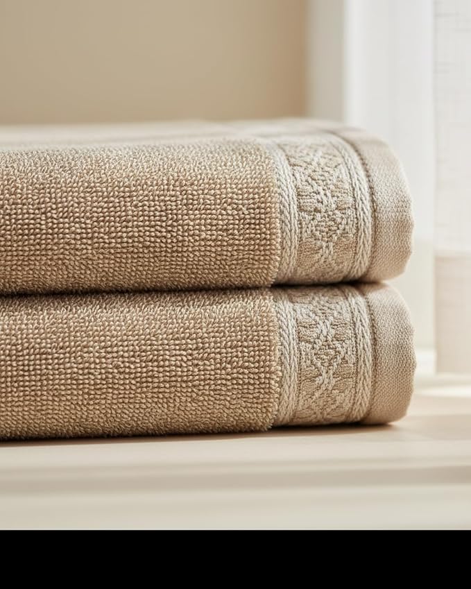 HOME ESSENTIALS Beige 8 Piece Bath Towel Set, 100% Cotton Soft & Super Absorbent Towels for Bathroom – 2 Large Bath Towels, 2 Hand Towels, 4 Washcloths, Quick Dry for Home, Gym & Spa