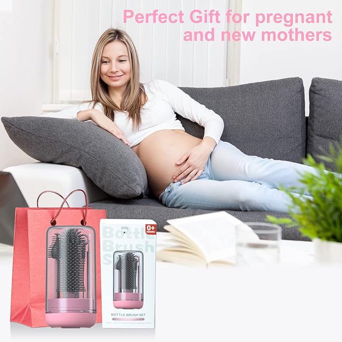 Travel Baby Bottle Brush Set with Extendable Silicone Bottle Brush，Nipple Brush,Staw Brush,Baby Bottle Soap Dispenser,Gift for Newborn Mothers, Suitable for Travel and Home(Peach Pink)