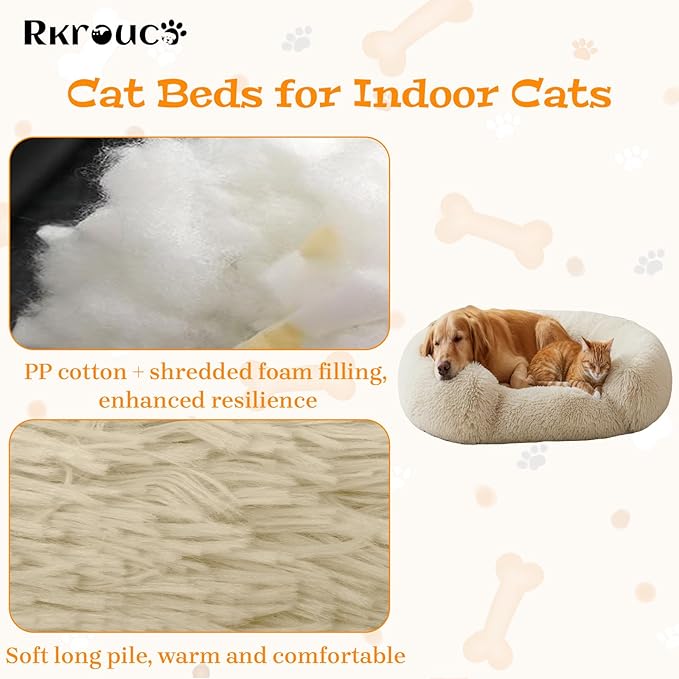 Fluffy Dog Bed Calming Donut Beds for Large Dogs Warming Round Small Medium Pet Nest Cozy Cat Mattress Indoor Washable Puppy Kennel Kittens Sleep Mat (L, 35.4×35.4 inch, Khaki)
