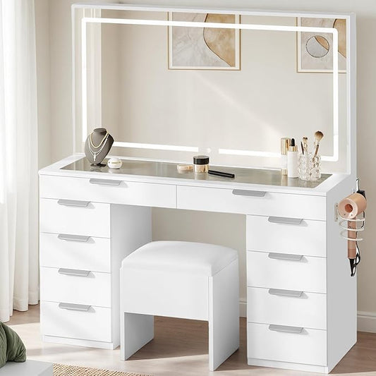 YITAHOME Vanity Desk with Lighted Mirror and Power Outlets, Makeup Vanity Table with Stool with Hidden Storage, 10 Drawers, Tempered Glass Top, 3 LED Colors, Makeup Table Home Furniture