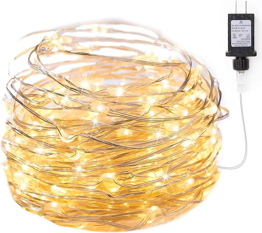 Minetom Fairy Lights Plug in, 33Ft 100 LEDs Waterproof Silver Wire Firefly Lights, Adaptor Included, Starry String Lights for Wedding Indoor Outdoor Christmas Patio Garden Decoration, Warm White
