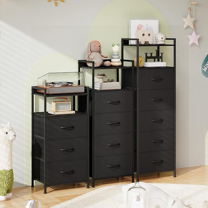 Somdot Tall Night Stand for Bedroom,Tall 5 Drawers Dresser, Vertical Storage Tower Unit, Nightstand Furniture with Fabric Drawer Organizer in Bedside Kids Dorm Room Closet Laundry Entryway,Black
