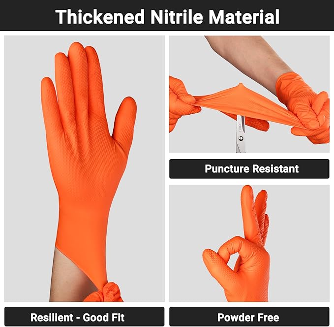 10 Mil Thick Chemical Resistant Orange Nitrile Gloves Large, 100 PCS Disposable Heavy Duty Mens Work Gloves with Grip for Women & Men Cleaning, Cooking, Gardening, Construction
