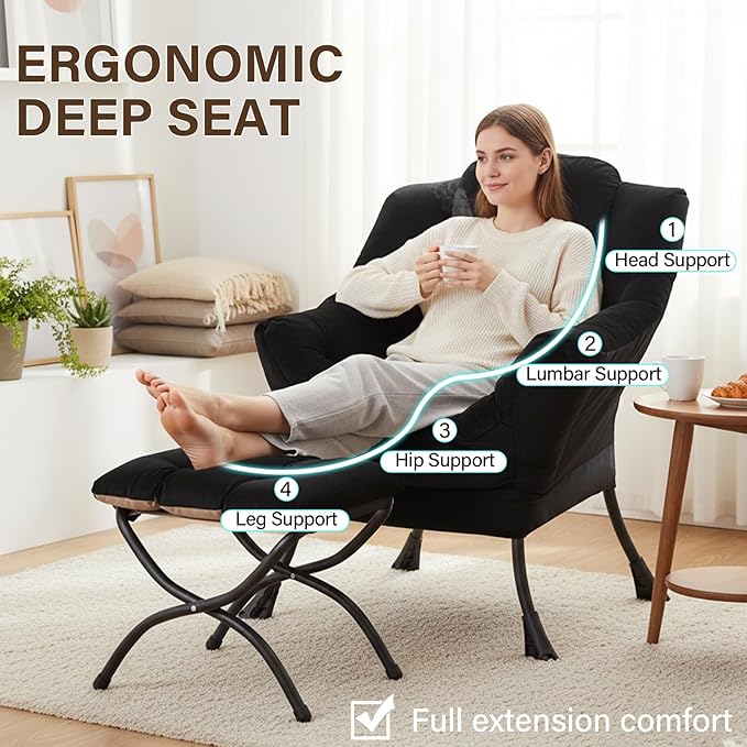 Welnow Lazy Chair with Ottoman, Modern Lounge Accent Chair with Armrests and a Side Pocket, Leisure Sofa Armchair, Reading Armchair with Footrest for Small Space, Black