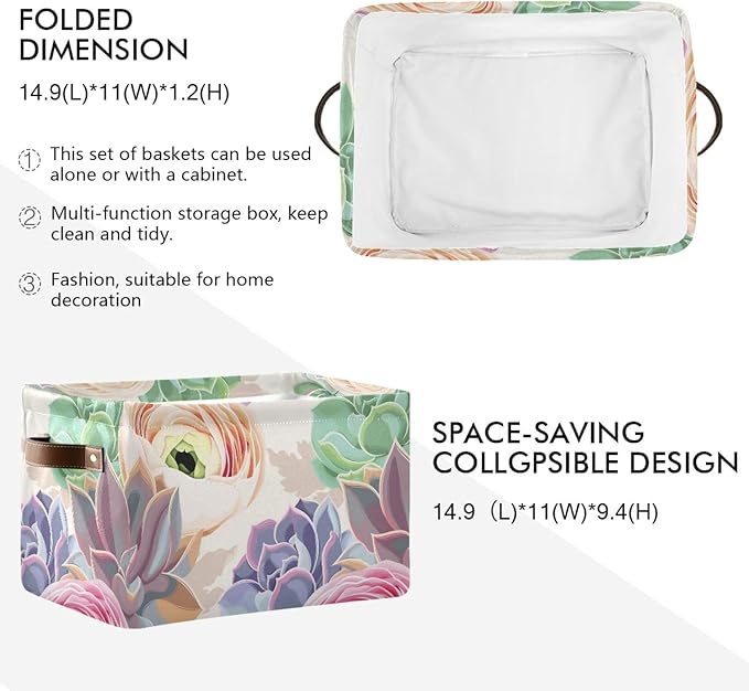 susiyo Large Foldable Storage Bin Succulent Flowers Cactus Fabric Storage Baskets Collapsible Decorative Baskets Organizing Basket Bin with PU Handles for Shelves Home Closet Bedroom Living Room-2Pack