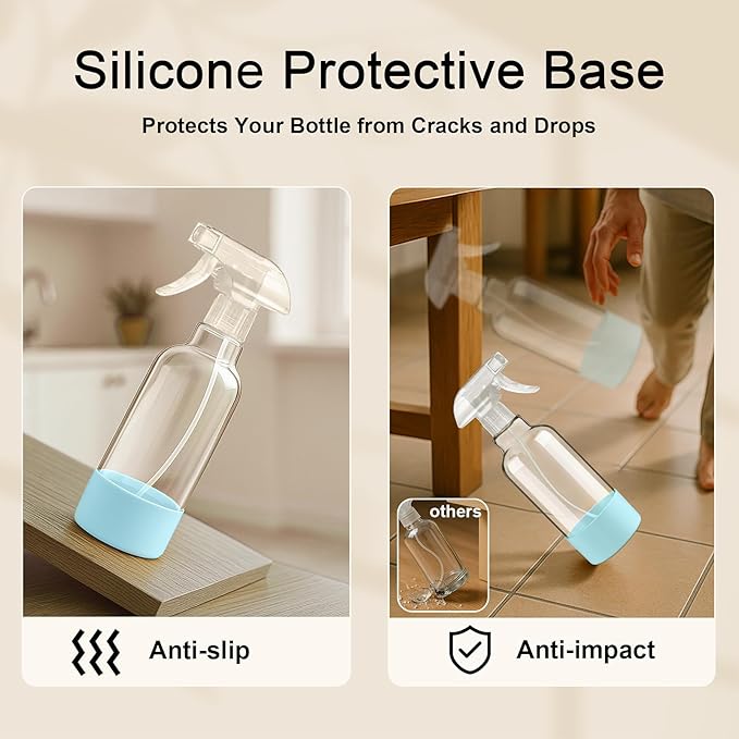 Glass Spray Bottles with Silicone Sleeve 16.9oz 2 Pack Empty Spray Bottle for Hair Mist/Stream Spraying for Cleaning Solutions, Plants, Essential Oils (clear-qblue&green)