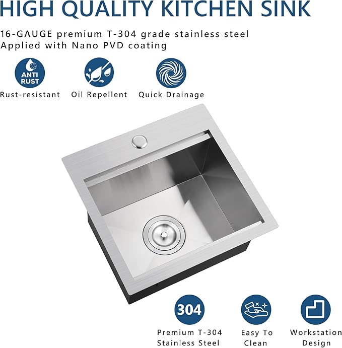 17 Stainless Steel Kitchen Bar Sink, Doirteal 17x19x9 Inch Single Bowl Drop in Workstation Kitchen Sink, Top Mount 17 Inch Small Bar Sinks Outdoor Wet Bar Prep Sinks With Accessories BL83-1