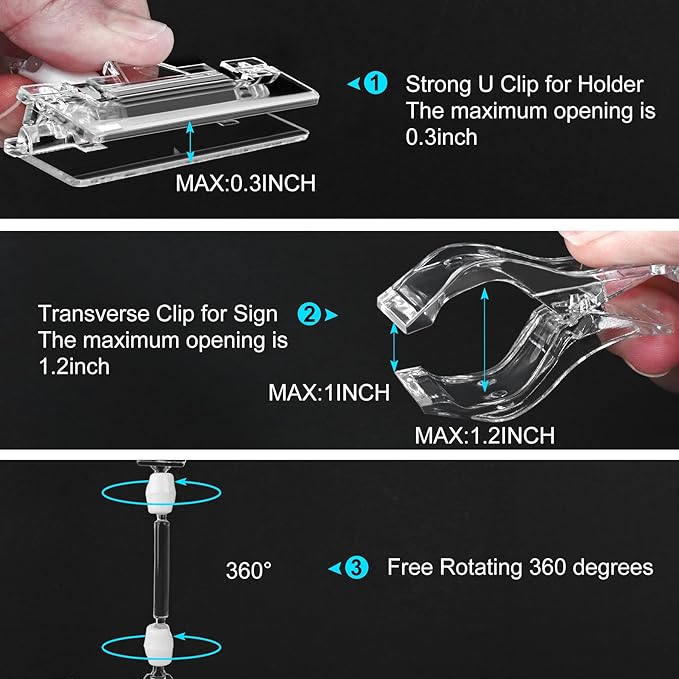 Clear Sign Clips on Merchandise Display 50 Pack Plastic Label Pop Clips on Sign Holder Shelf Double Sided Swivel Price Tag Clips on Clothing Rack Signs Rotatable Menu Clips for Sale Retail Display
