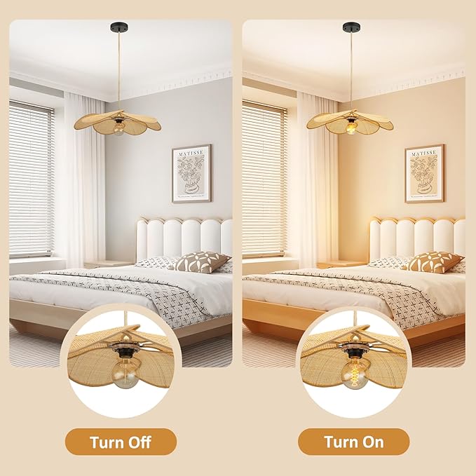 Bamboo Pendant Light Fixture, 24 Inch Flower Handwoven Rattan Lampshade 5”-34.5” Adjustable Height Hanging Lights, Boho Chandelier Ceiling Hanging Lamp for Living Room Kitchen Bedroom(Not Bulb)