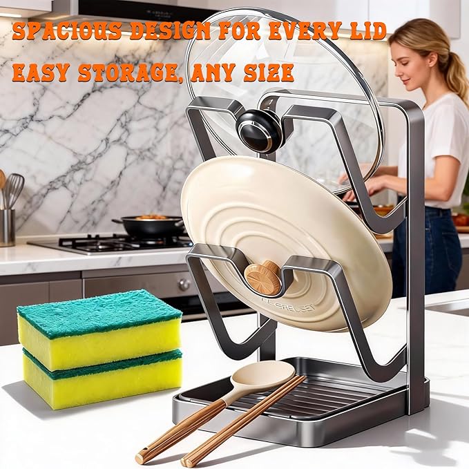 2026 New Kitchen Pot Lid Storage Rack, Multifunctional Pot Lid Organizer Rack, Lid Holder While Cooking, Lid And Spoon Rest, Thickened Carbon Steel Material, Higher Load-Bearing And Stability (Grey)