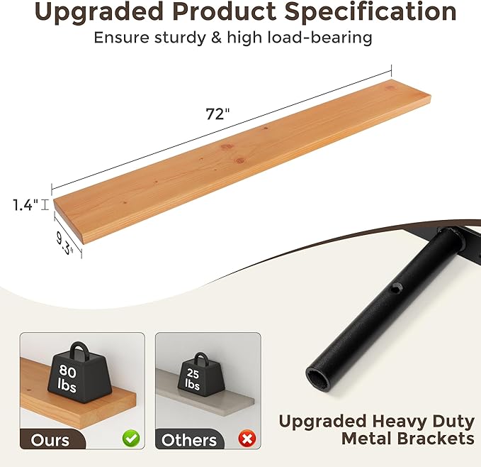 Floating Shelves for Wall, 72"Wx9.3"D USA-Sourced Douglas-Fir Solid Wood Rustic Wall Shelves with Heavy Duty Invisible Bracket, Nursery Book Storage Display Shelf for Bathroom, Set of 1, Natural