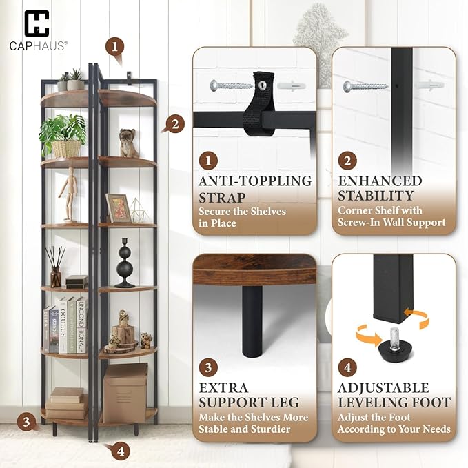 CAPHAUS 6-Tier Corner Shelf, 71.1-Inch Tall Corner Bookshelf with Metal Frame, Round Corner Display Rack, Tall Stand for Bathroom, Living Room, Home, Office, Black