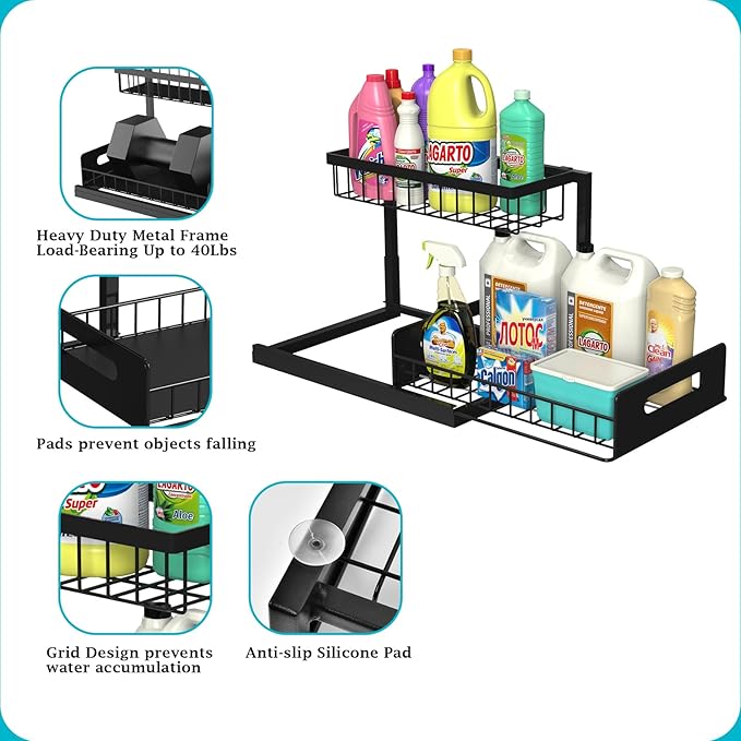 Pull Out Under Sink Organizer, Slide Out Sink Shelf Cabinet Storage for Kitchen Bathroom, Black, 2 Pack