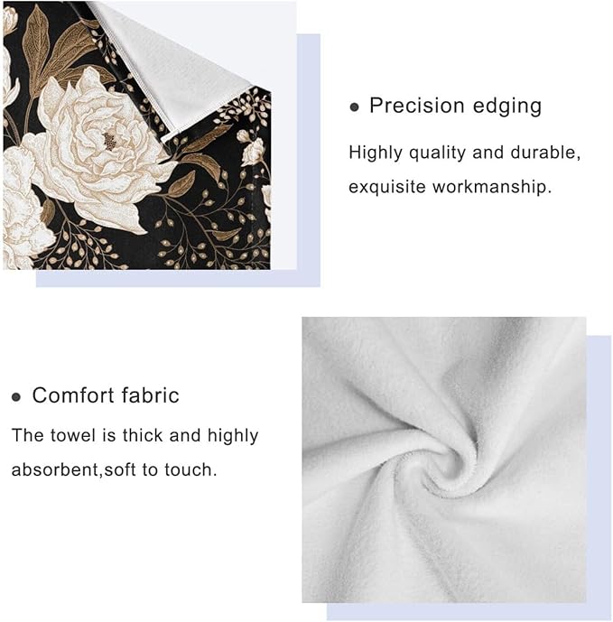 3 Piece Vintage Beige Peony Bath Towels Set,Microfiber Absorbent Gold Black Floral Leaves Rustic Towels for Bathroom,1 Bath Towel,1 Hand Towel,1 Washcloth,Decorative Guest Bathroom Towels