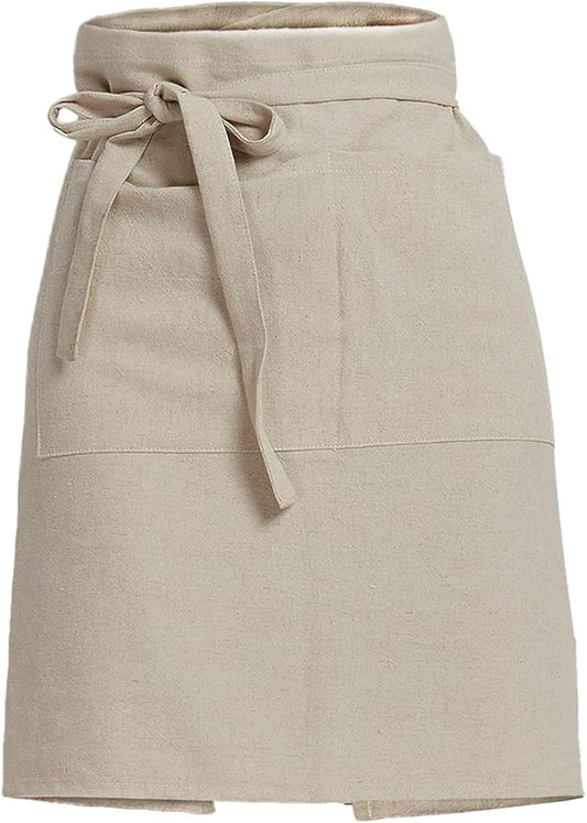Cityelf Linen Server Apron Cotton Bistro Half Apron with Large Pockets Waist Kitchen Apron for Cooking Waitress