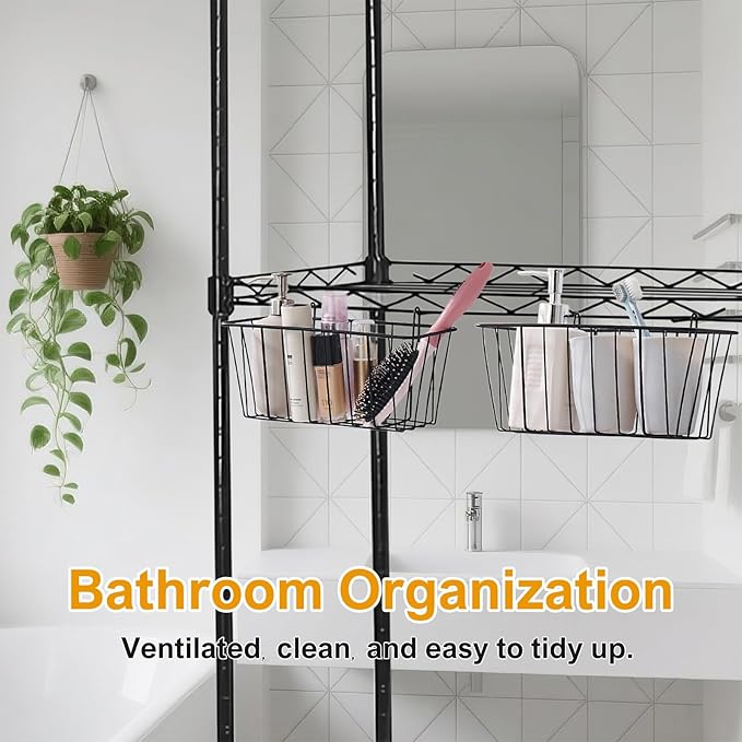 2 Pack Large Grid Wall Baskets with S-Hook - Gridwall Accessories Set Black Metal Hanging Shelf Basket Bins Organizer - Modular Storage Holders for Photo Display Panel Shelving Caddy for Garage