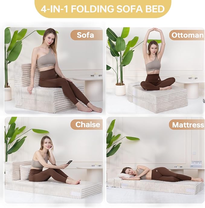 Folding Sofa Bed Single, Convertible Futon Chair Bed with Pillow, Folding Sofa Sleeper Chair, Fold Out Couch, Comfortable Foam Floor Couch for Living Room, Bedroom, Dorm, Guest Room, Beige