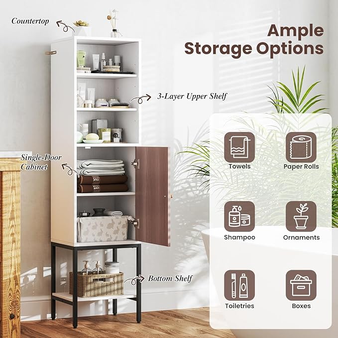 Giantex 57” Tall Bathroom Storage Cabinet, Floor Cabinet with Door, Adjustable Shelves & Foot Pads, Metal Legs, Anti-Tipping Kit, Slim Bathroom Storage Unit for Living Room, Kitchen (White)