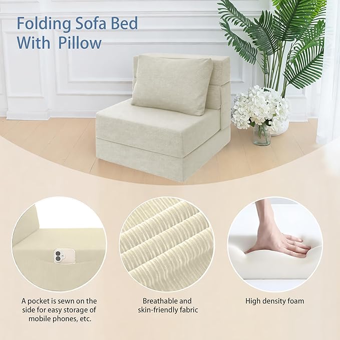 Sofa Bed Foldable Mattress ，Folding Sleeper Sofa Chair Bed Floor Mattress with Pillow for Living Room Home Office (Off White- Corduroy, Single)